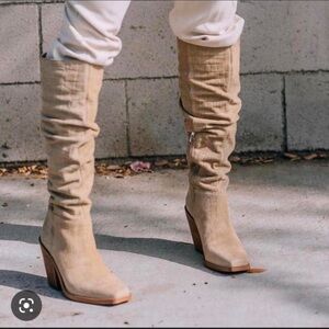 Vince Camuto Alimber slouchy knee-high boots in a beige croc-embossed suede